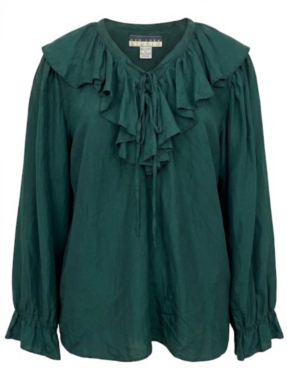 Vintage New York Studio 100% Silk Emerald Green Long Sleeve Ruffle Blouse Size